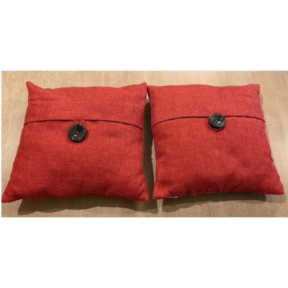 Red Burlap Look Decorative Throw Pillows Set of 2 Button Accent 17" Square
